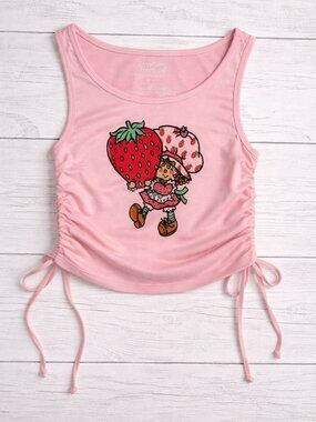 Strawberry Shortcake Graphic Tank Top | Pink Ruched Side Tie | Size Small | Y2K